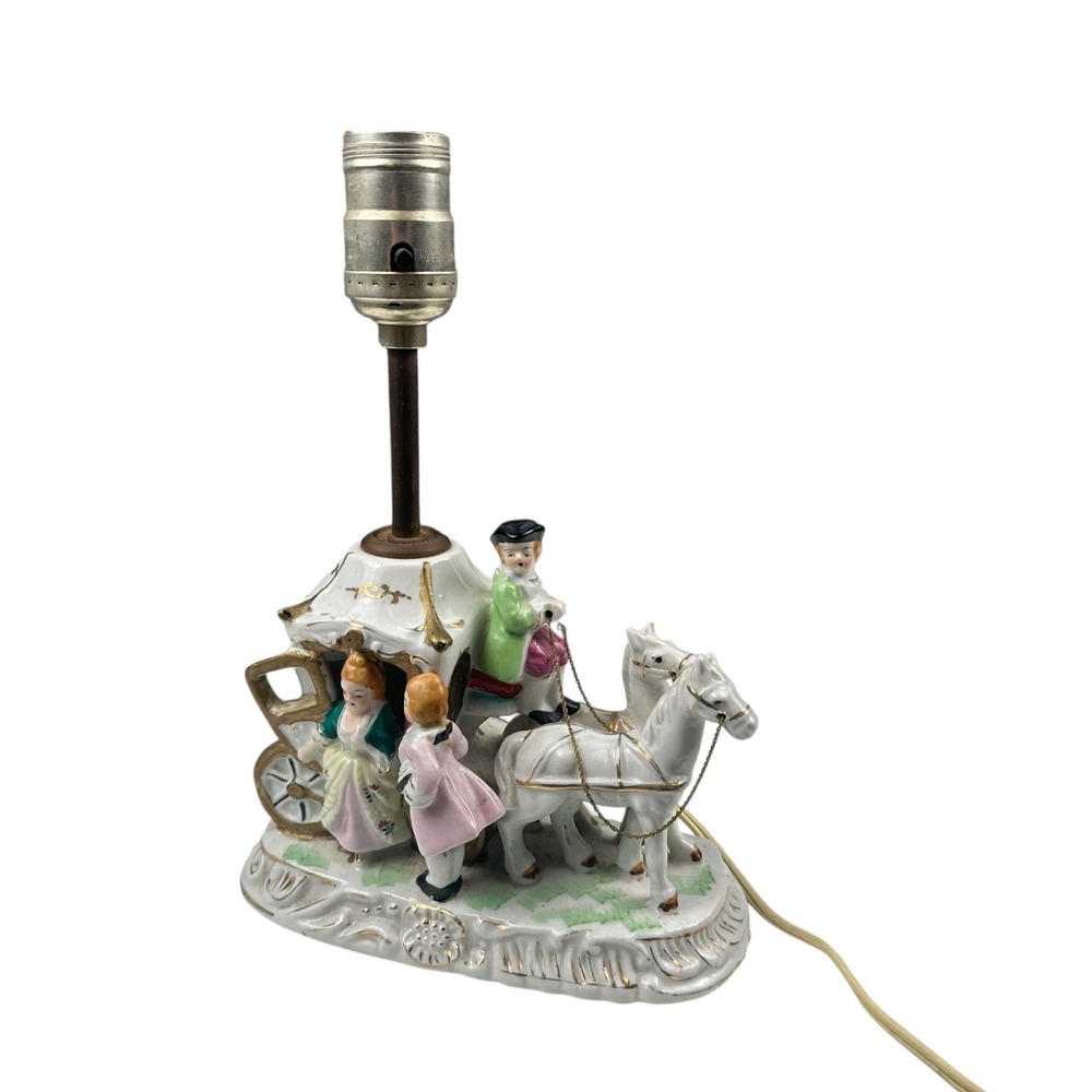 Royal Japan Vintage Porcelain Horse Carriage Lamp Base Hand Painted Gold Gilt